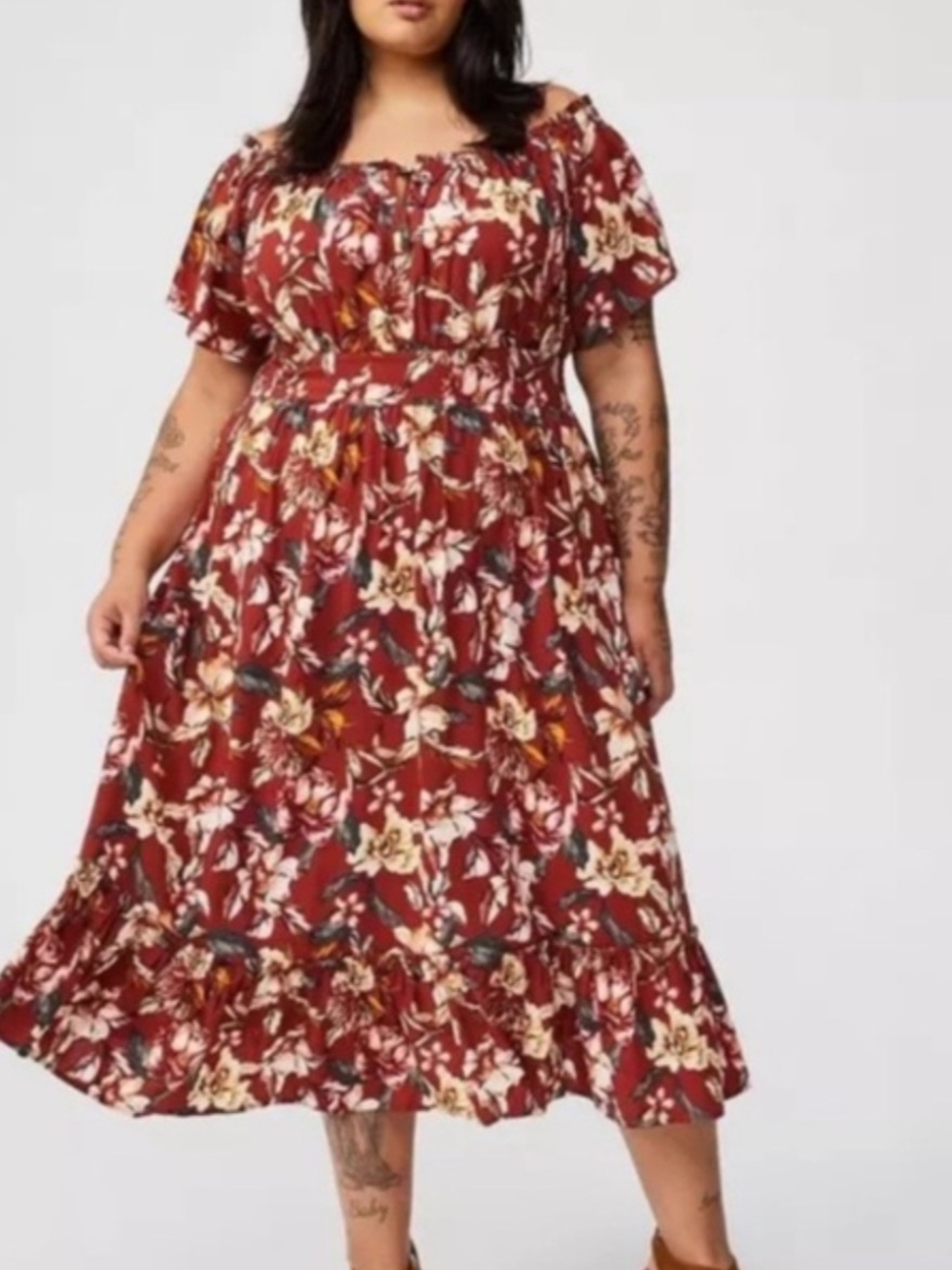 🌼B2G1🌼 torrid Rust Floral On/Off-Shoulder Midi Dress NWOT